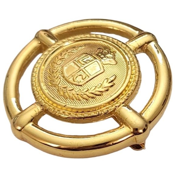 Liz Claiborne Gold Tone Signature Shield Round Laurel Leaf Edge Brooch Pin E474 - Picture 4 of 8